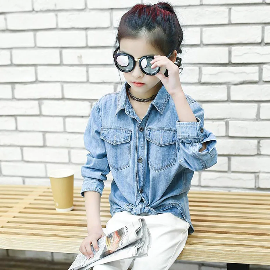 Блузка для девочек Джинсовая блузка школьные джинсовые рубашки с длинными