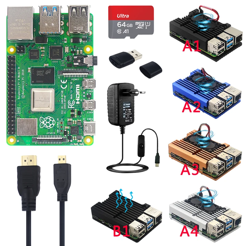 

Оригинальный Raspberry Pi 4 Model B Kit 2/4/8 ГБ ОЗУ + алюминиевый чехол с вентилятором + SD-карта 32/64/128 ГБ + адаптер питания + радиаторы для PI 4