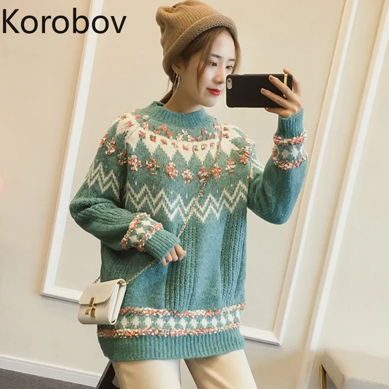 Korobov корейский цветок вышивка Лоскутные женские свитера шикарные осенние