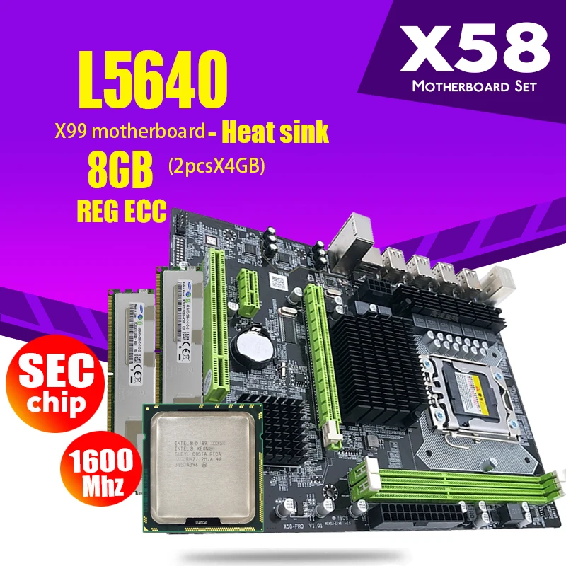 Atermiter X58 Материнская плата LGA1366 combos L5640 CPU 2шт x 4 ГБ = 8 DDR3 RAM 1600 МГц PC3 12800R