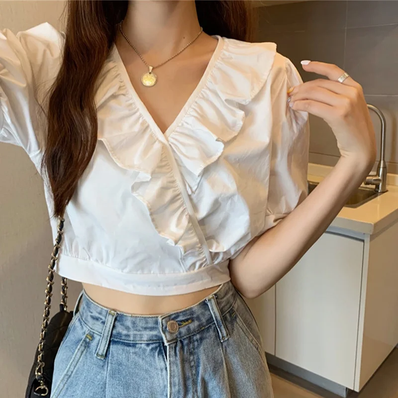 

Ruffled V-neck T-shirt Summer White Crop Top Women Tees Puff Short-Sleeve Pullover Streetwear Kpop Harajuku Ladies T Shirts Top