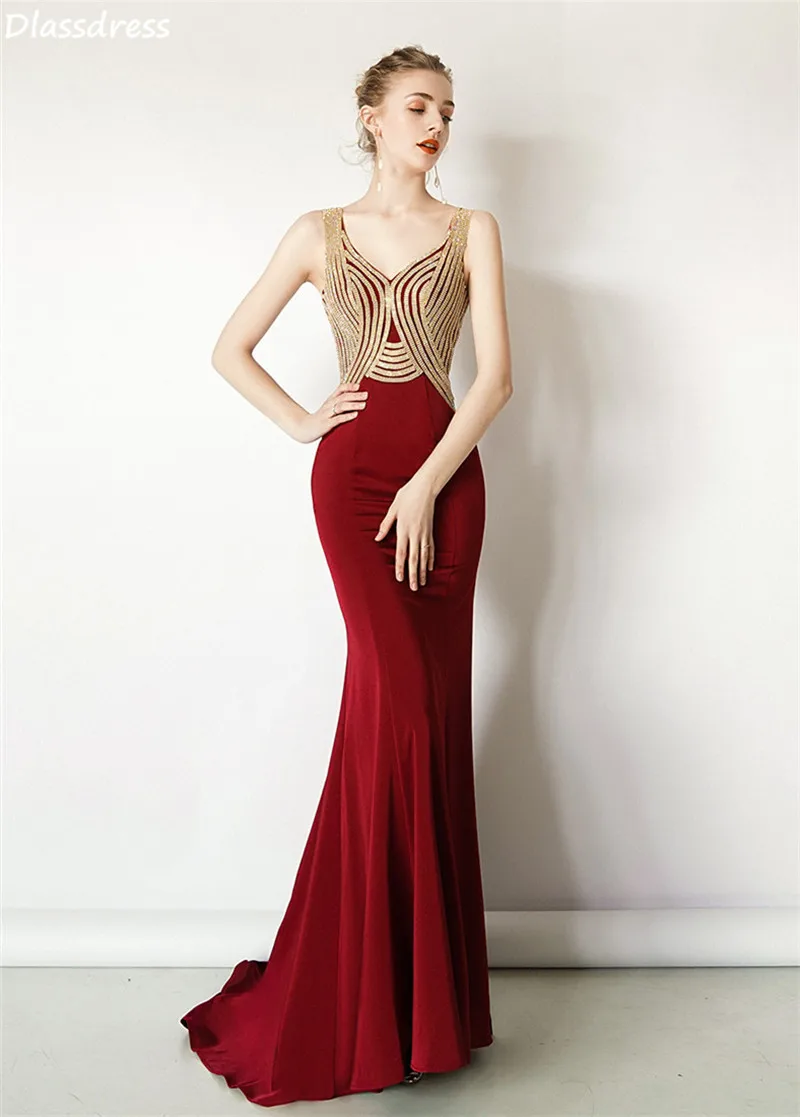 

Wine Red 2020 Summer Evening Dress Sequin Top Mermaid Sleeveless V-neck Sweep Train Elegant Prom Dressплатья знаменитостей