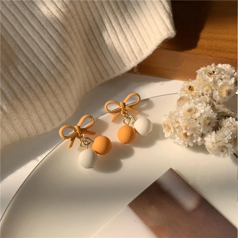 

Korean Elegant Bow Color Contrast Ball Earrings Fashion Women's Wedding Party Stud Earrings Creative Girl Jewelry Gift