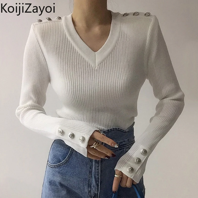 

Koijizayoi Korean Women Casual Long Sleeve Autumn Knitted Sweater V Neck ButtonsPullover Sweaters Slim Ribbed Jumpers Knitwear