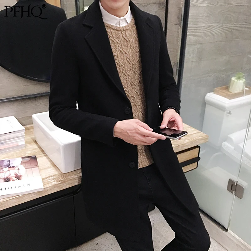 

PFHQ 2021 New Men's Fashion Solid Color Notched Mid-length Korean Slim British Style Business Woolen Coat Autumn Winter 21E1006