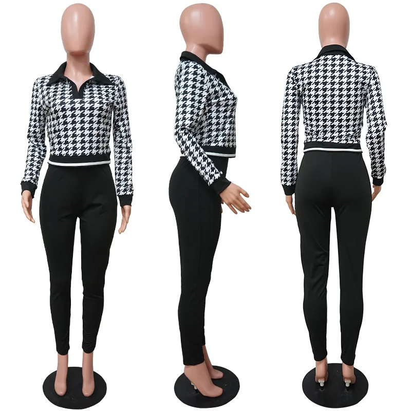 

Donsignet Fashion Women's Suit Summer Casual Hot Sale V-neck Pullover Check Print Sexy Slim Solid Color Leggings Two-piece Suit