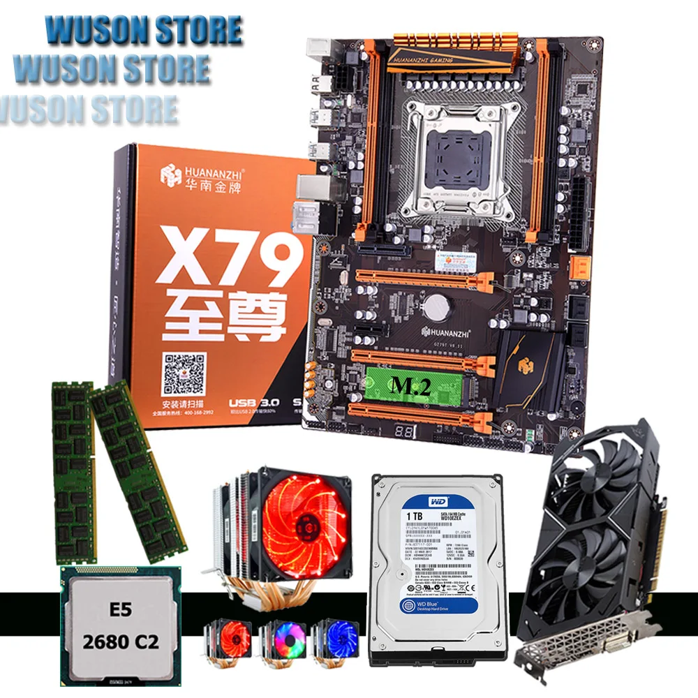 

Brand mobo with M.2 slot HUANANZHI deluxe X79 motherboard bundle CPU E5 2680 C2 RAM 16G(2*8G) 1TB 3.5' SATA HDD GTX1050Ti 4G