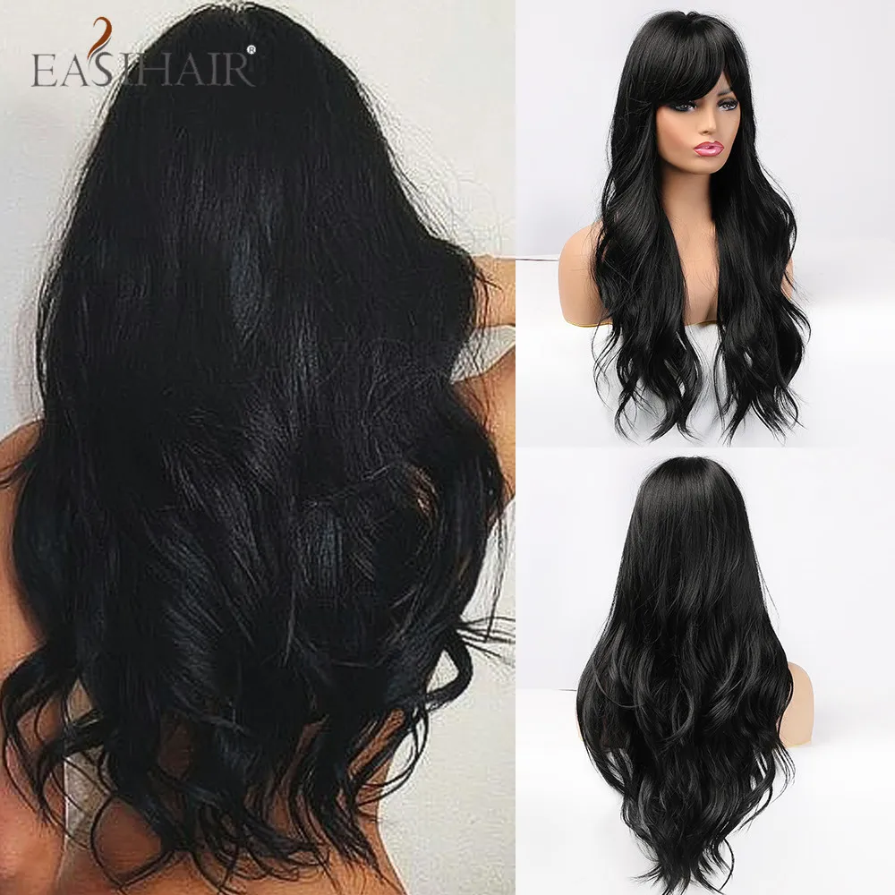 

EASIHAIR Long Black Wigs Cosplay Body Wave Synthetic Wigs with Full Bangs For White/Black Women Brazilian American Natural Hair