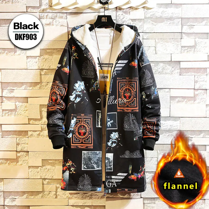 Флисовая Куртка, зимние мужские парки, 5XL, с принтом, военный, японский, с капюшоном, длинный плащ, черный, в стиле хип-хоп, уличная одежда, Толстые мужские куртки - Цвет: DKF903Black