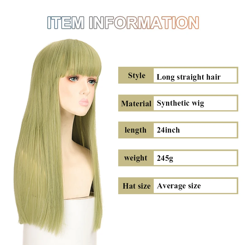 

XUANGUANG 24 inch Green Lolita With Bangs Long Straight wig Synthetic Heat Resistant Fiber Wig For Women Cosplay Wig Daily wear
