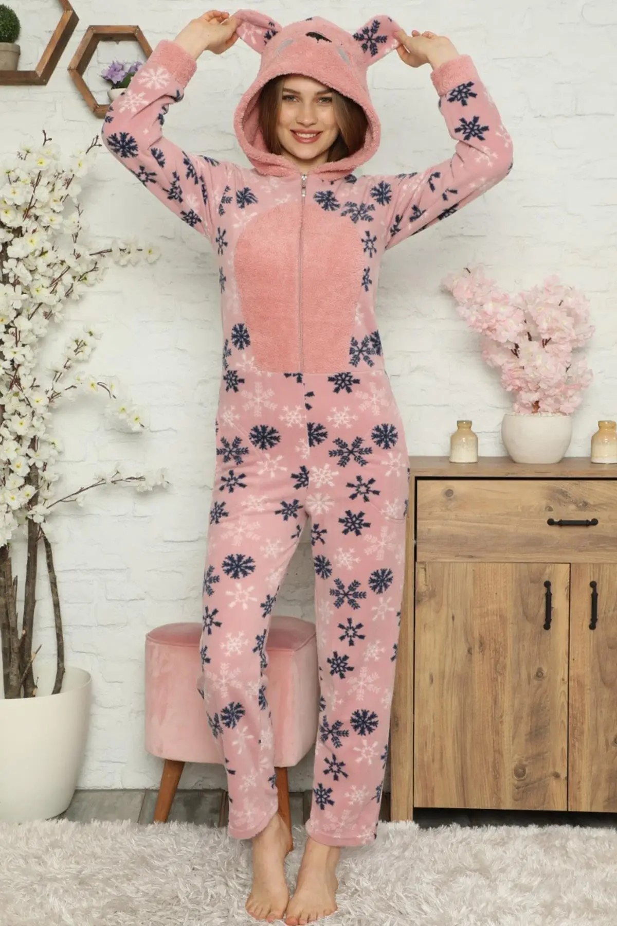 Women's Pink Snowflake Pattern Fleece Plush Jumpsuit Sleepwear Turkish Made Stylish Design Welcome Quality Wink Attractive Trend 2021 Style new Fashion