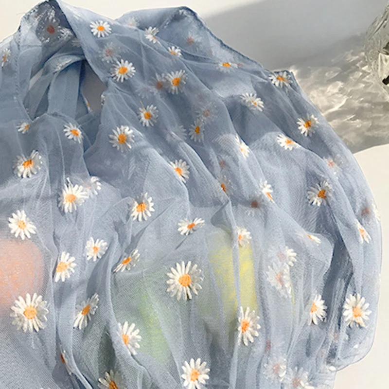 

Women Small Transparent Tote Mesh Cloth Bag Daisy Embroidery Handbag Eco Fruit Bag Purse for Girls
