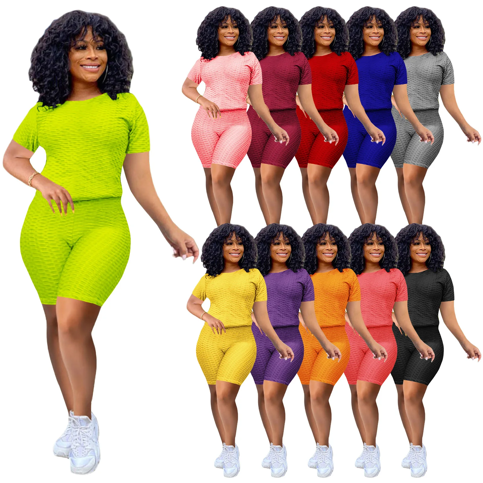 

Solid Flexible Jacquard Yoga 2 PCS Set Women Gym Clothes Short Sleeveless Regular Top Half Shorts Tracksuit Casual Outdoor Wear