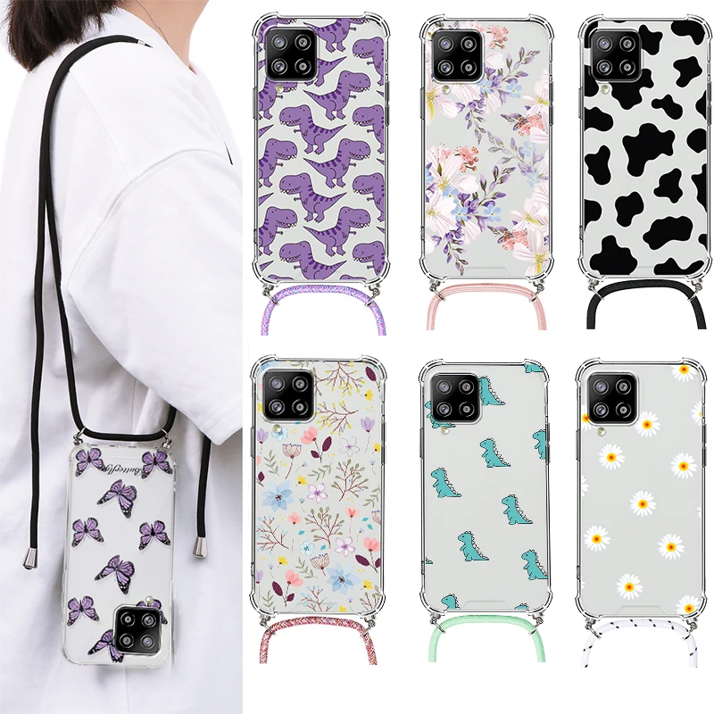 

For Samsung Galaxy A42 5G Case Soft TPU Silicone Cover Coque For Samsung A 42 a42 6.6" Lanyard Necklace Rope Flower Fundas Shell