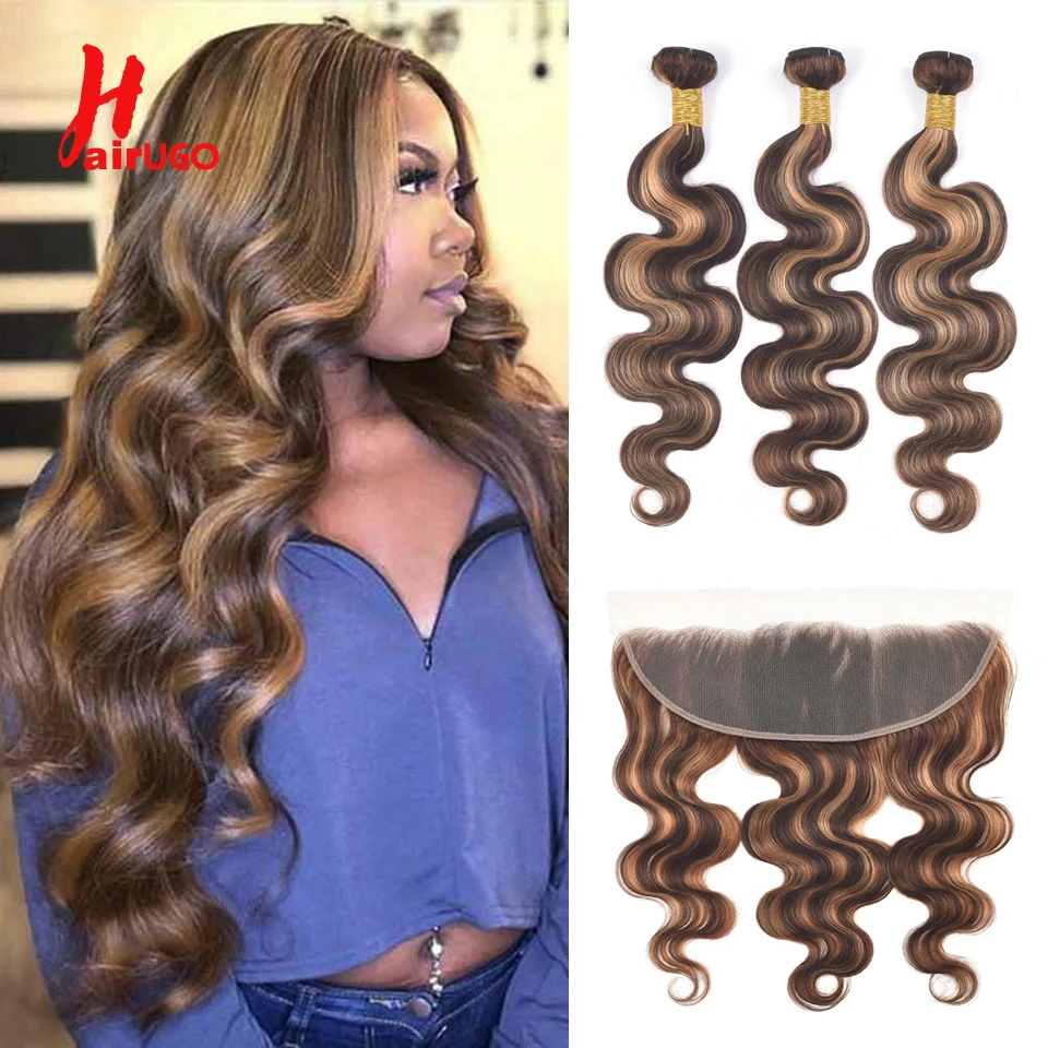 HairUGo P4/27 Highlight Human Hair Bundles With Frontal Brazilian Lace Front With Bundles Remy Body Wave Hair Bundles With Front