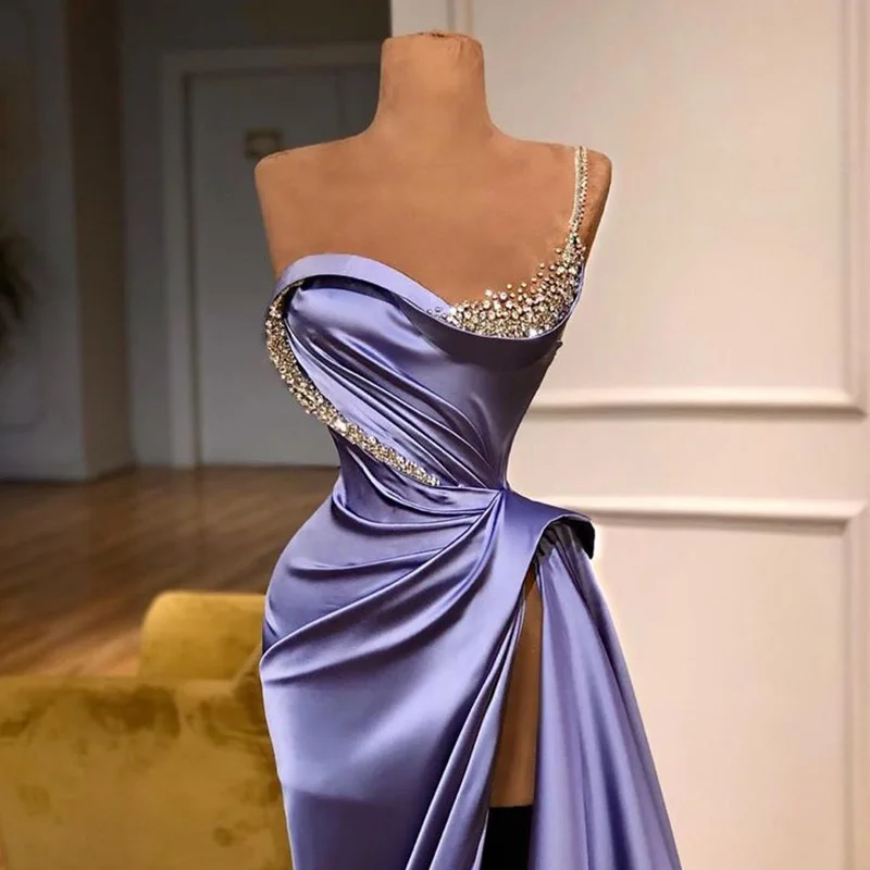 

New Design Violet One Shoulder Evening Dress High Slit Satin Diamonds Beaded Evening Gown Competition Formal Party Dresses