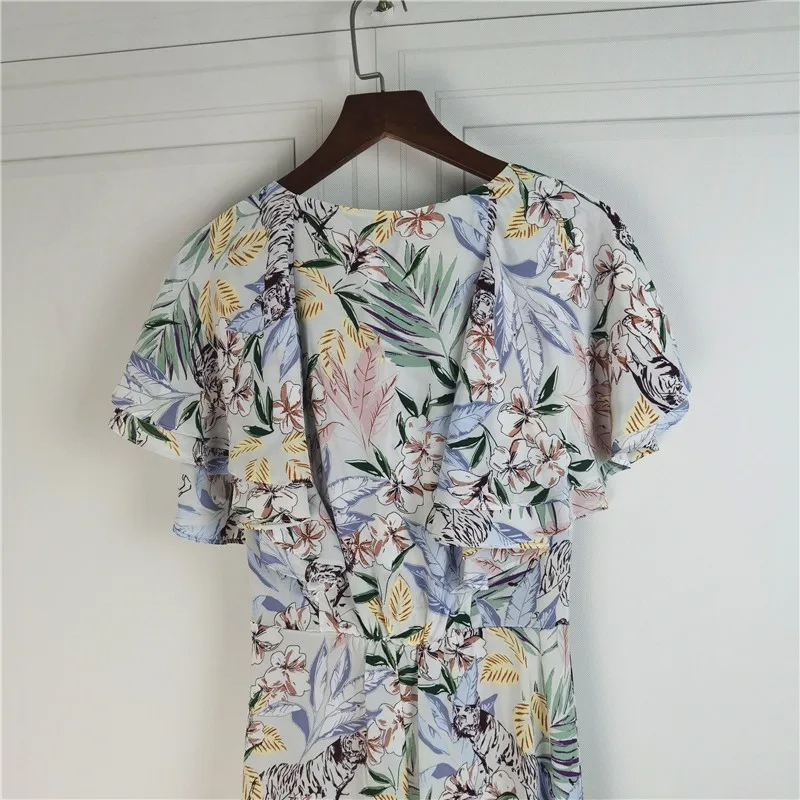 

2021 Summer Casual Long Dress Women V-Neck Flower Printed Short Sleeve Elegant Ruffles Holiday Dresses