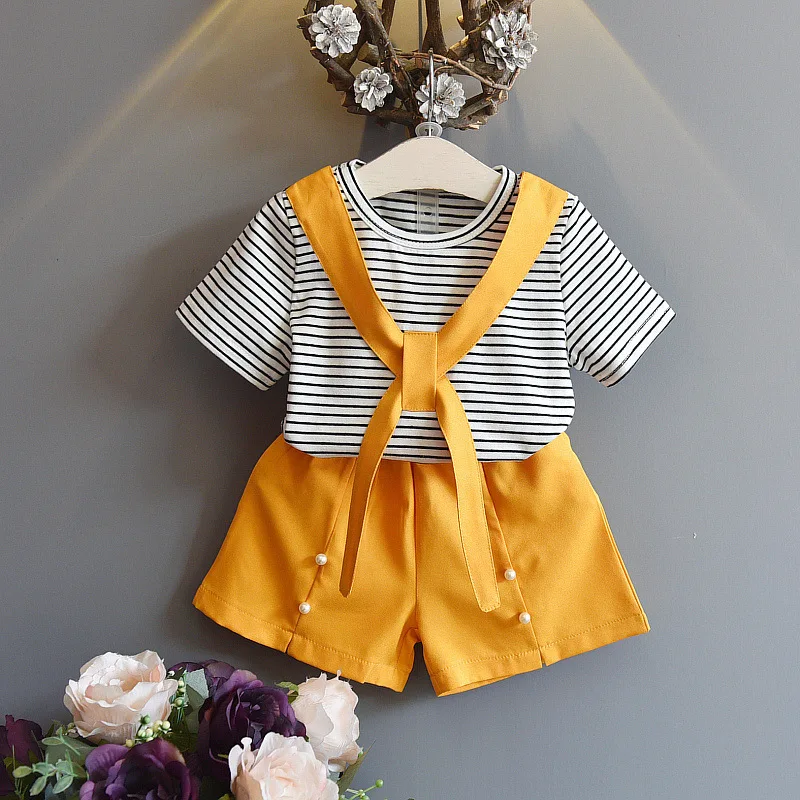 

2pcs Girls Summer Set 2-7Yrs Girl Outfit Set Stripe Navy Collar Top + Pearl Shorts Suits Children Clothing Tshirt Costume Kids