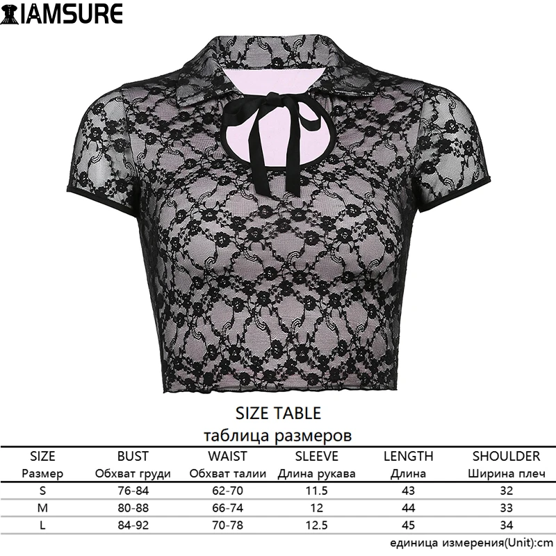 

IAMSURE Vintage Lace T-Shirts Slim Hollow Out Tshirt Women 2021 Fashion Tie Front Short Sleeve Mesh Crop Tops Casual Streetwear