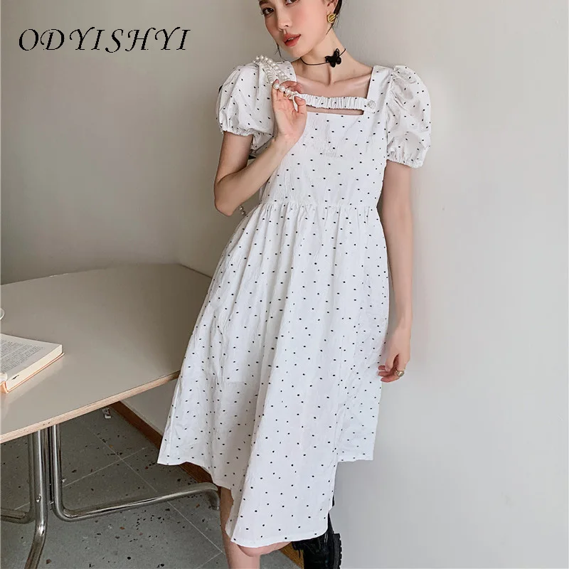 

Women White Dot Print Puff Sleeve Mini Dress Female Summer Sweet Elegant Dresses Ladies Brand Slim Vintage New Vestidos ML248