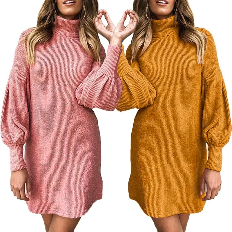 

Women Sweater Dress Autumn Winter Clothes Nice Female Casual Loose Pink Long Sleeve Turtleneck Knitted Dresses Jersey Mujer