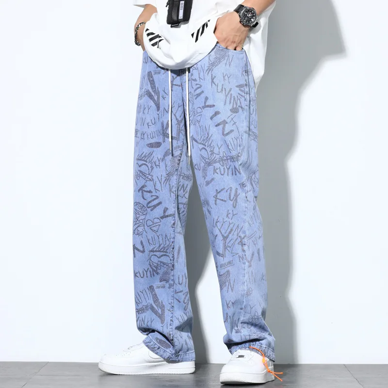 Men's Jeans 2021 Spring Autumn New Wide-Leg Jeans Trendy Brand Ins Trend Full-Print Loose Hip-Hop Straight-Leg Trousers M-5XL