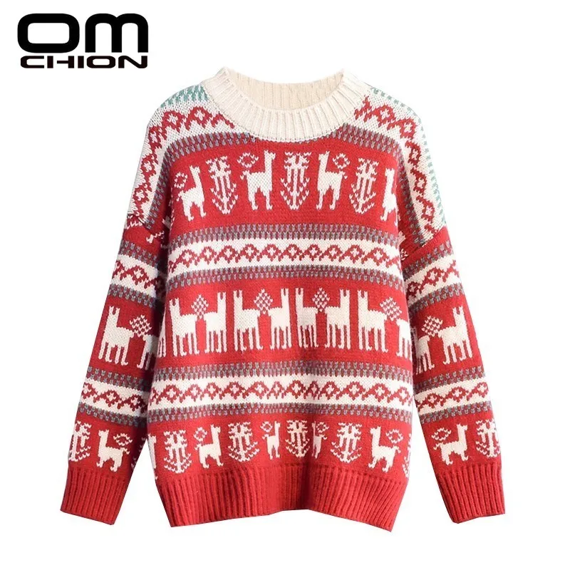 

OMCHION Deer Embroidery Christmas Sweater 2021 O Neck Red Women Sweaters And Pullovers Korean Loose Thick Pull Femme LMY150