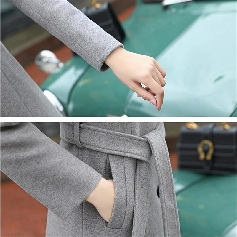 

Fashion Autumn Winter Wool Coat Woman Jacket Belt Long Single-breasted Standing collar Overcoat Elegant Slim Ladies Woolen Coat