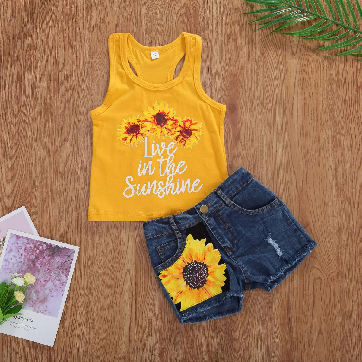

5Colors Sunflowers Sets Summer Kids Girls Clothes Fashion Sleeveless Print Tank Tops Hole Patchwork Denim Shorts 2Pcs
