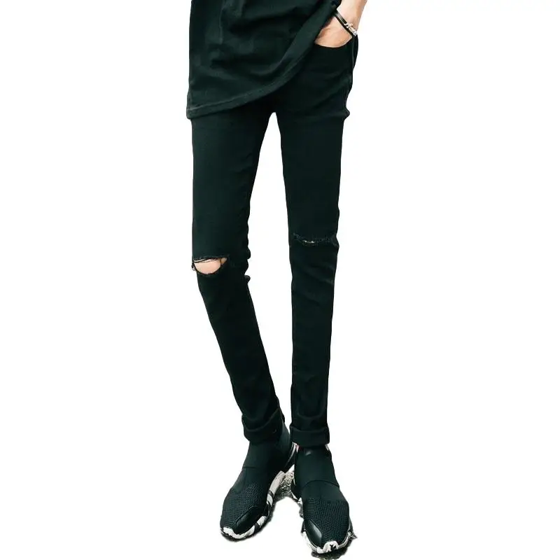 Idopy повседневные узкие брюки мужские однотонные черные белые Узкие рваные джинсы