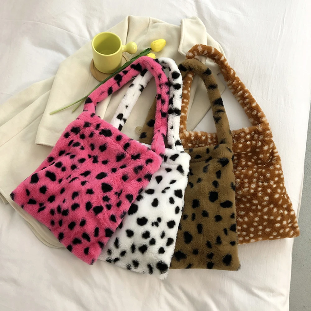 

Модная женская плюшевая сумка для покупок на плечо с животным принтом, Женская осенне-зимняя маленькая сумка-тоут