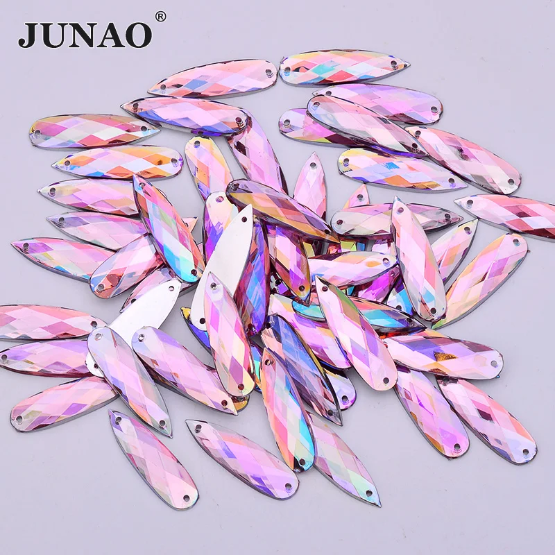 

JUNAO 8x28mm Pink AB Drop Shape Flat Back Rhinestones Decoration Acrylic Crystal Strass High Quality Sew On Stone for fabric