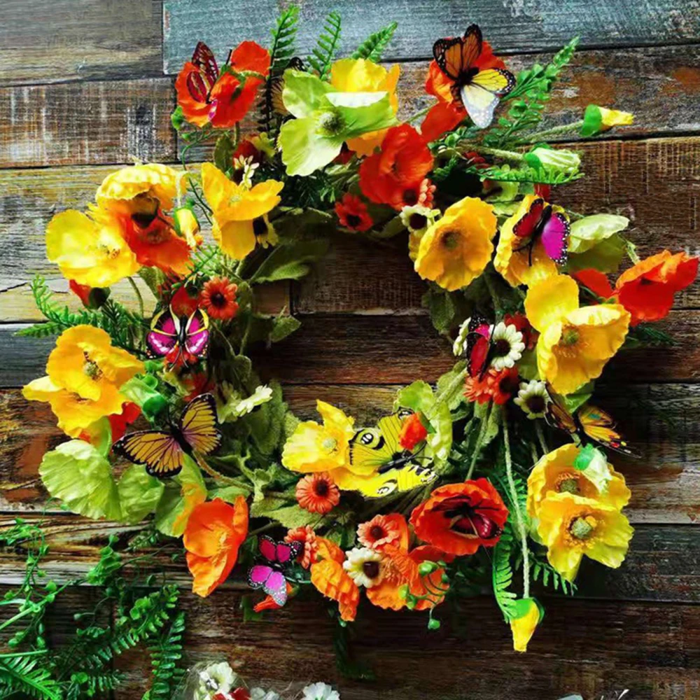

Artificial Flower Door Hanger Poppy Garland Simulation Wreaths Rattan Ring 45cm Reusable Decorations Holiday Decoration