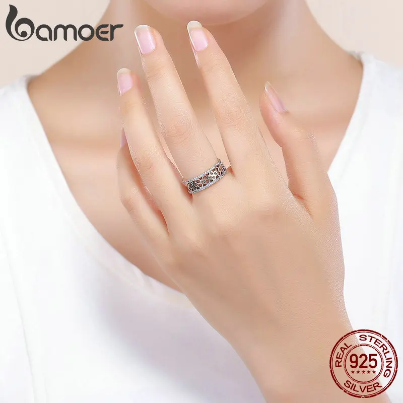 BAMOER 925 пробы Серебряное штабелируемое кольцо очаровательное honey Hive Bee широкие кольца на палец для женщин ювелирные изделия из стерлингового серебра SCR391