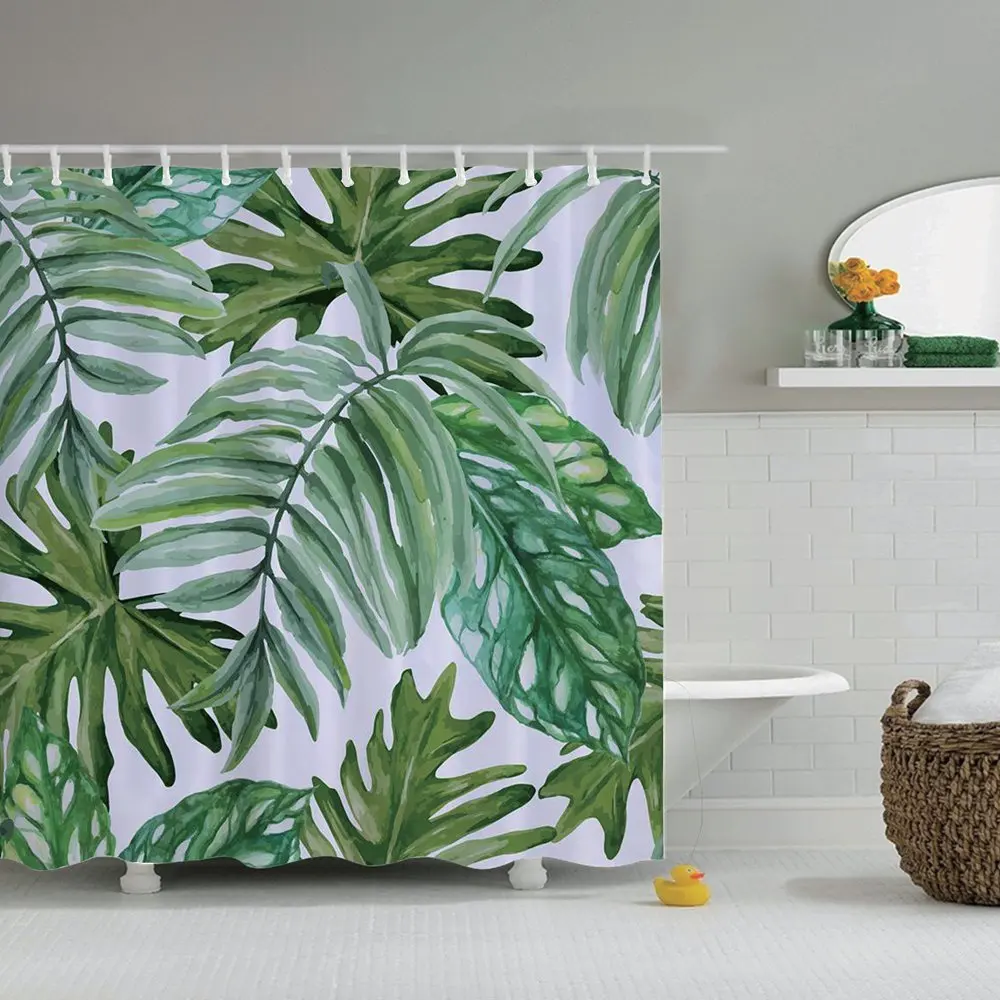 

Dafield Tropical Palm Leaves Shower Curtain Monstera Deliciosa with Flower Waterproof Washable Polyester Fabric