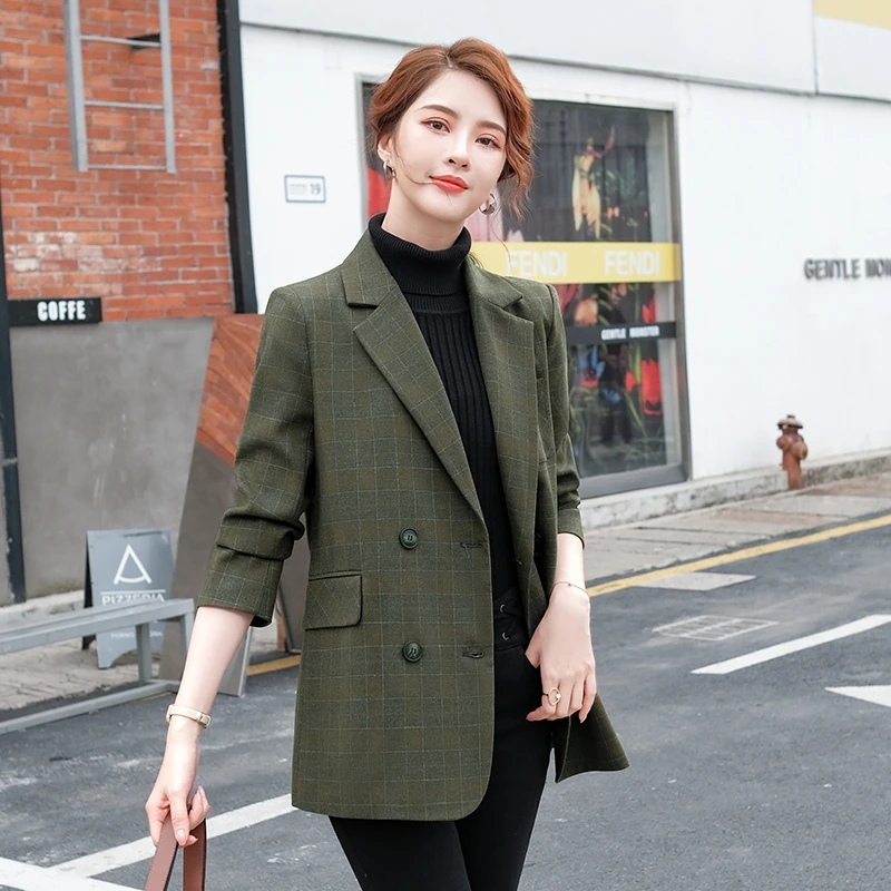 Женский двубортный блейзер в клетку темно зеленый и коричневый пиджак Корейском