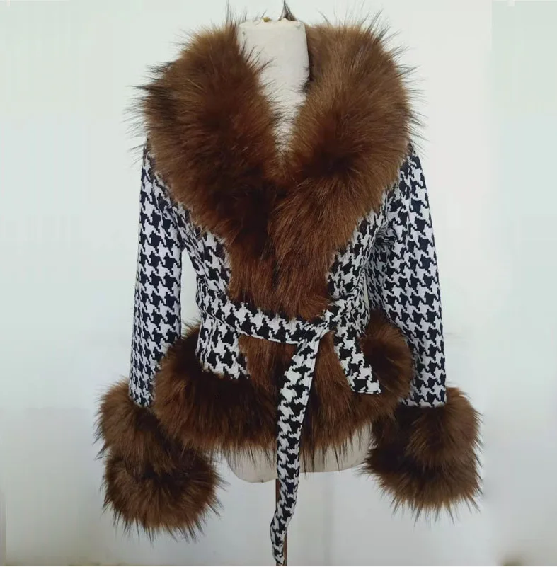 2021 autumn winter new women's short faux raccoon fur coat spliced houndstooth woolen fashion fur jacket elegant ladies overcoat