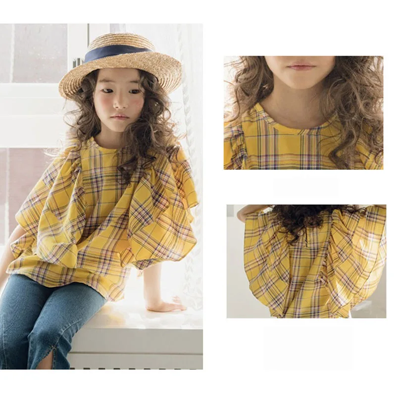 Хлопковые клетчатые топы с рукавами-фонариками для больших девочек модная