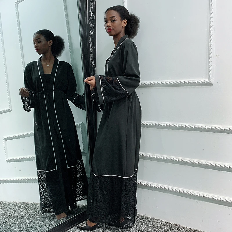 

Siskakia Open Abaya Fashion Black Lace Hollow Out Patchwork African Middle Eastern Muslim Women's Cardigan Robe UAE Muslim New
