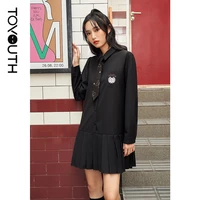 toyouth women shirt dress 2021 autumn long sleeve polo collar pleated skirt embroidery badge vintage preppy style dresses