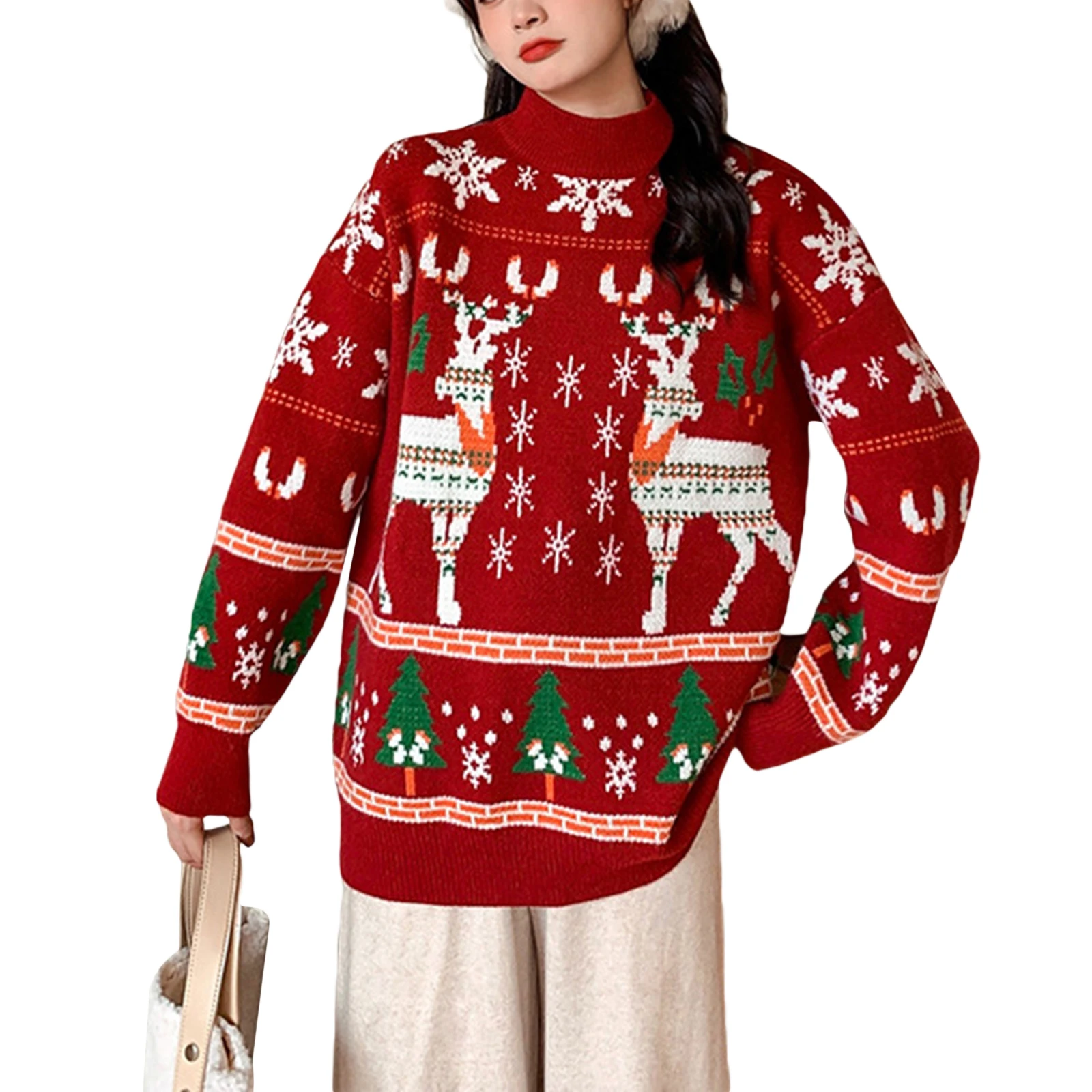 

Women's Christmas Mock Neck Sweaters Long Sleeve Reindeer Snowflake Loose Knit Tops