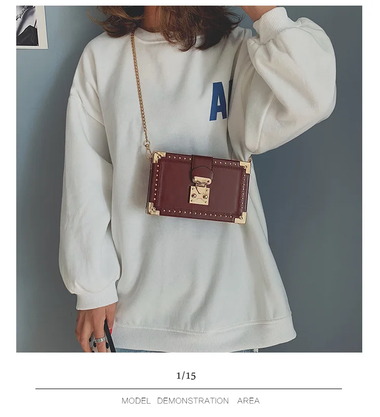 Fashion Vintage Rivet Designer Bag Box Style Buckle PU Women Clutch Bag Chain Purse Shoulder Bag Crossbody Small Flap Handbag