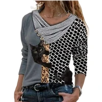 3d cat dandelion print long sleeve t shirt women casual autumn leopard splicing tops ladies loose cross v neck buttons t shirt