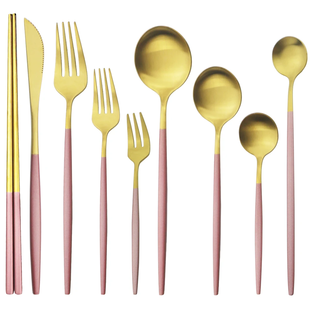 

Pink Gold Cutlery Set 9Pcs Knife Fruit Fork Ice Cream Spoon Chopsticks Silverware Set Matte Stainless Steel Dinnerware Flatware