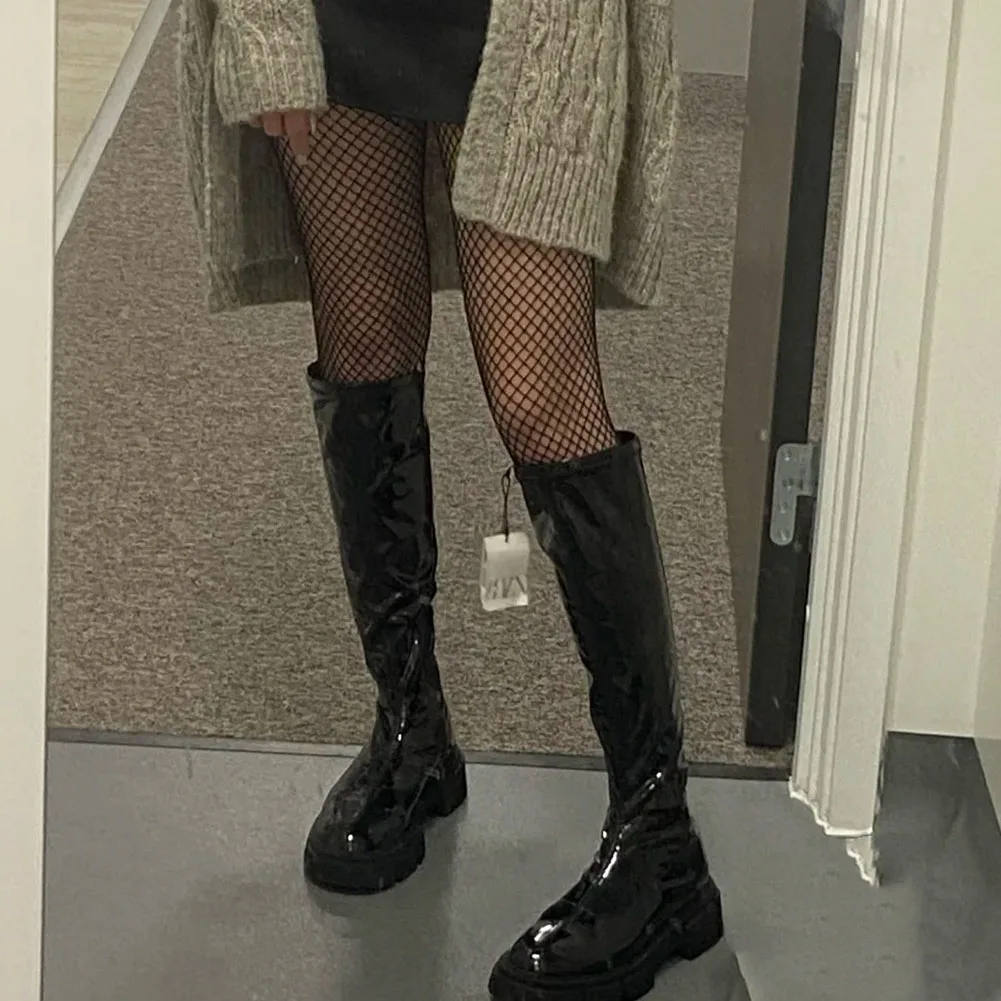 

Новинка 2021, модные весенне-осенние однотонные высокие сапоги до колена, удобная прогулочная обувь на массивной платформе хорошего качества