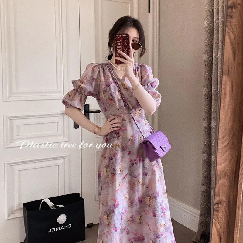 Платье женское Винтажное с V-образным вырезом Длинное Элегантное приталенное