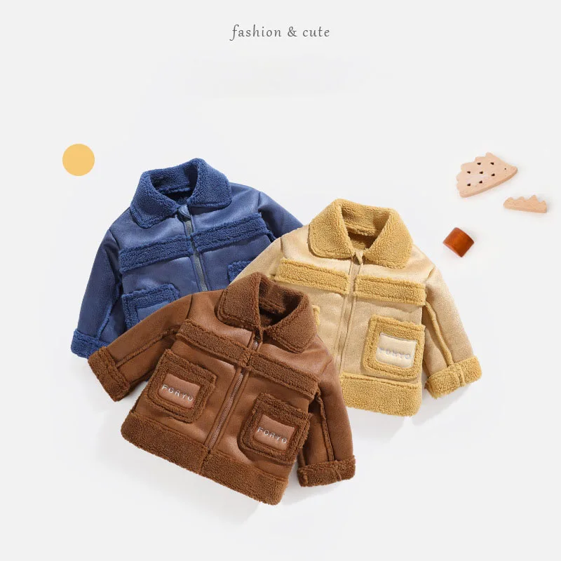 

Fashion Patchwork Lambswool Children's Coat Autumn Winter Thicken Fleece Warm Turn-Down Collar Boys Girls Jacket 1-6 Years Old
