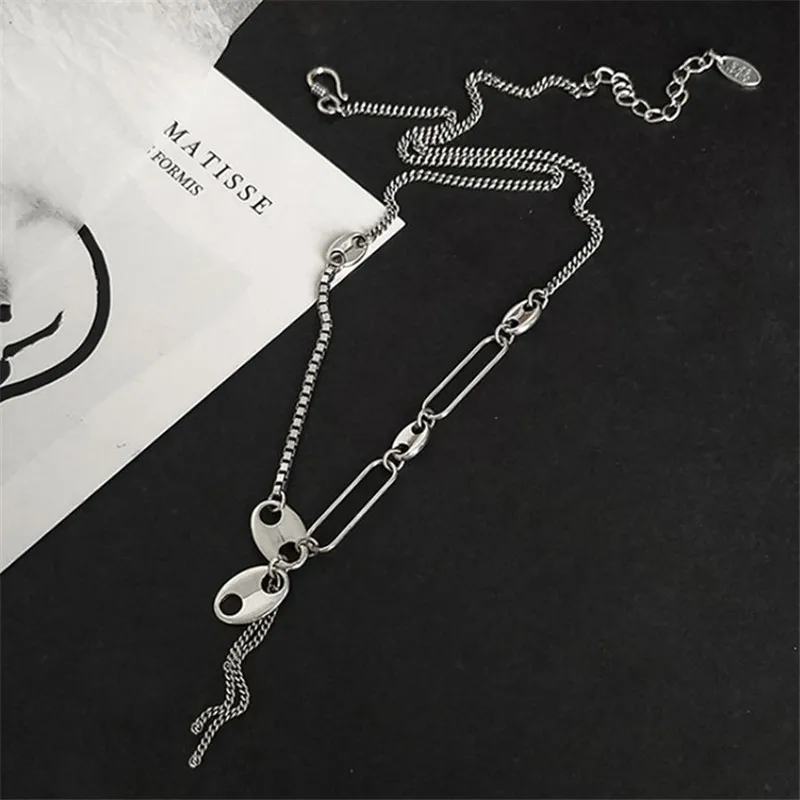 

Women Vintage Pig Nose Tassels Curb Box Chain Chokers Female Delicate 925 Silver Simple Niche Make Old Distressed Chic Necklace
