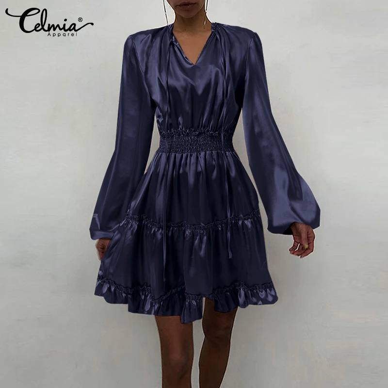 

Celmia Vintage Lantern Long Sleeves Dresses Autumn 2022 Sexy Ruffled V Neck Mini Vestidos Leisure Hem Lotus Leaf Stitching Robes