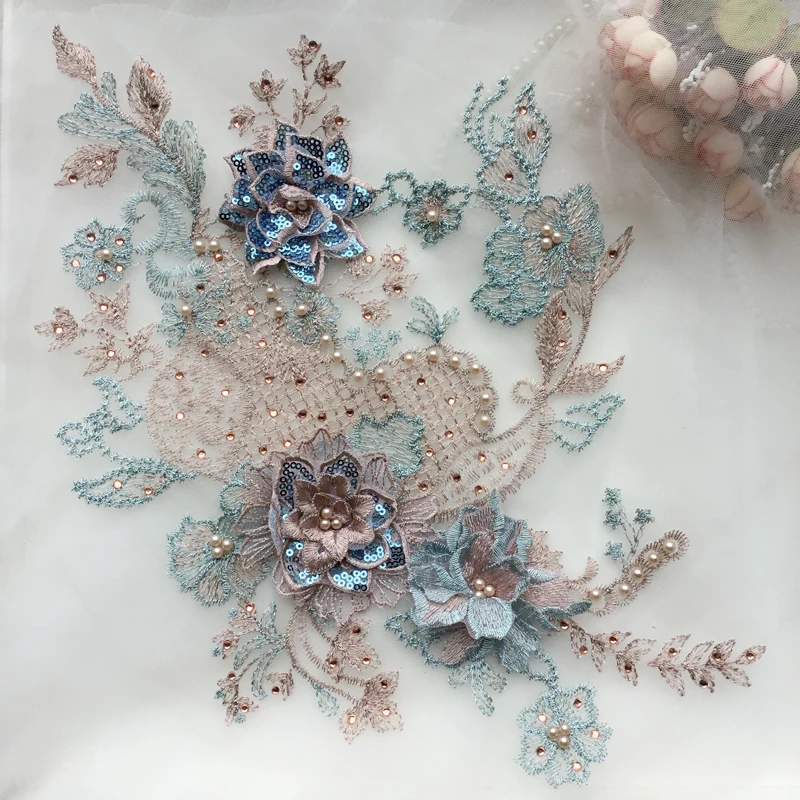 

3D Wedding Dress Applique DIY Sewing Material Hot Drilling Lace Patch Multi-color Optional